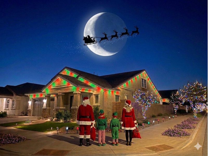 Phoenix home with permanent trim lighting in red and green for Christmas