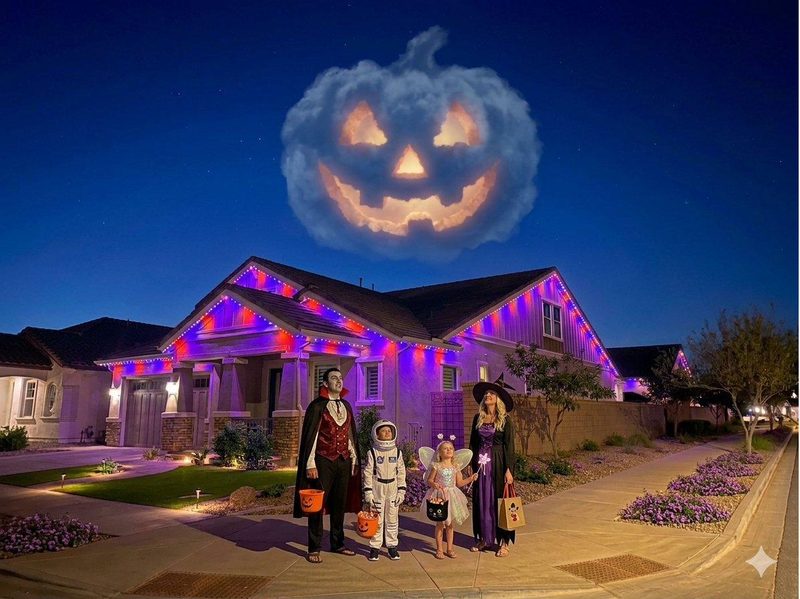 Permanent trim lights in purple and orange for Halloween on a Phoenix home