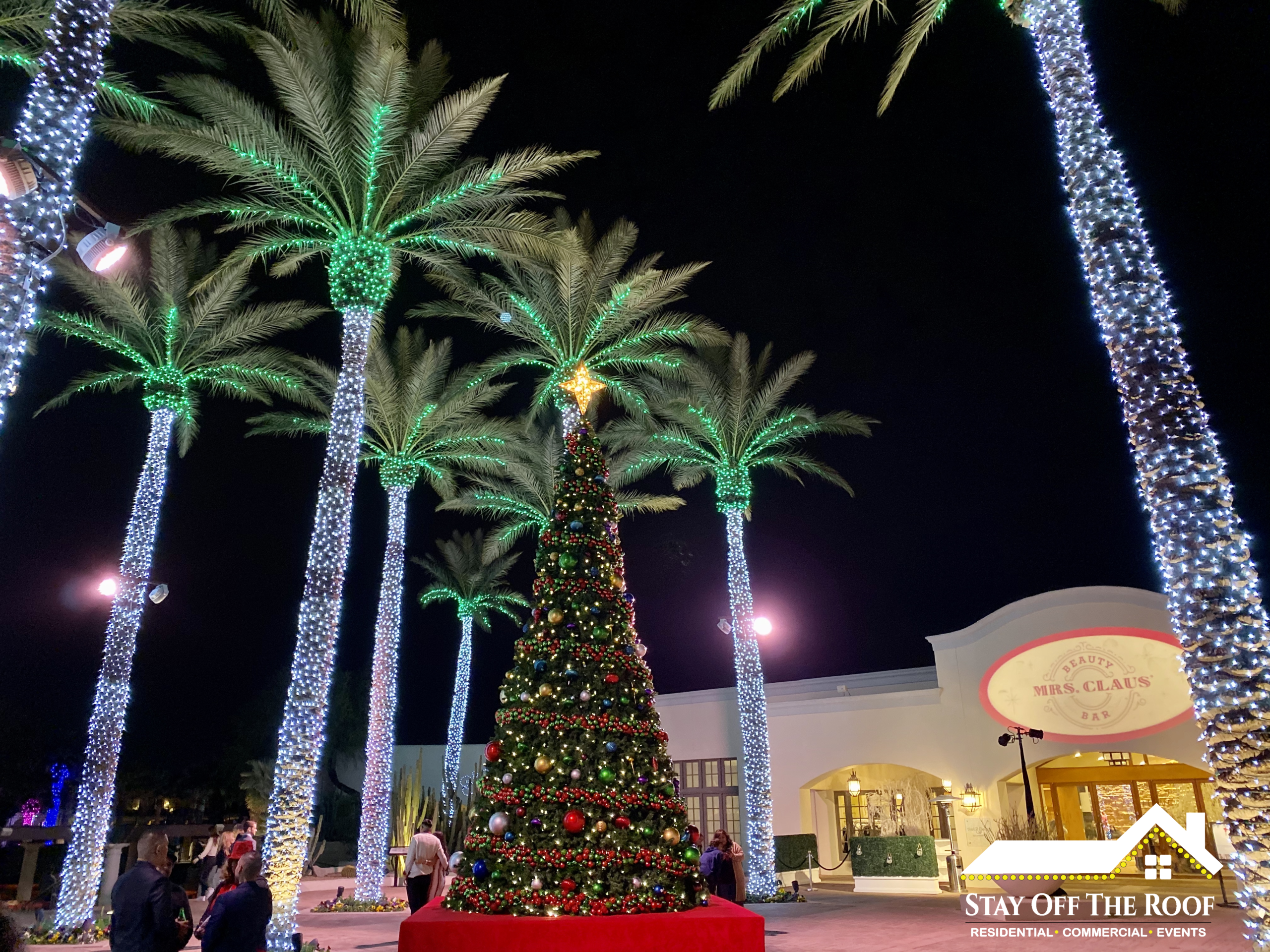 Phoenix outdoor shopping center with palm trees in Christmas lights and a giant decorated tree at night