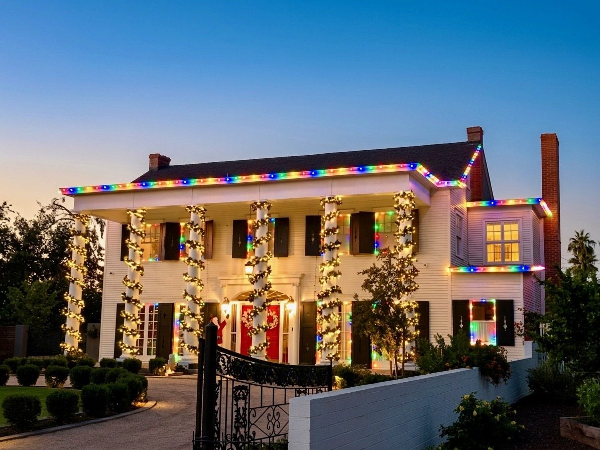 Two-story home with multicolor Christmas roofline lights, wrapped columns and wreaths