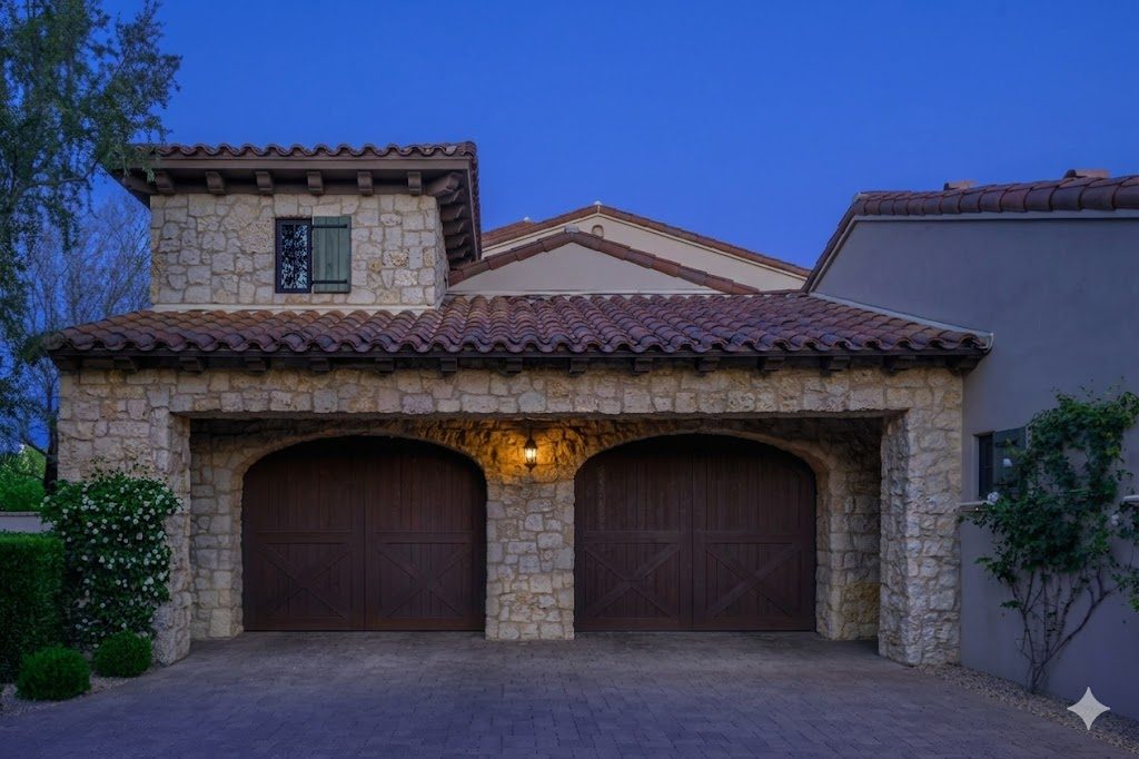 Before: the same stone garage and tile roofline at dusk with no lighting